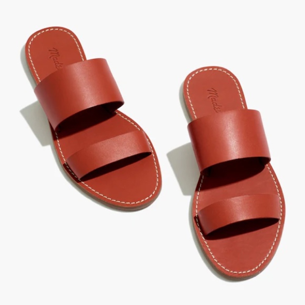 Madewell Leather Double-Strap Slides in Rust Red